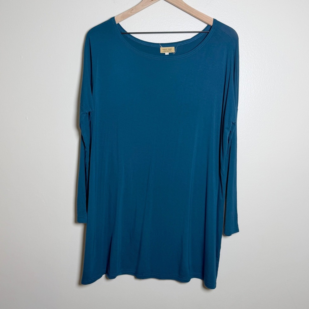 Piko 1988 Womens Teal Blue Bamboo Oversized Long Sleeve Tunic Top S Minimal